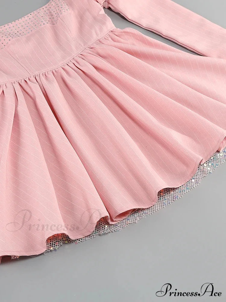 Long Puff Stripe Charming Sleeve Mini Dress Lace-Up