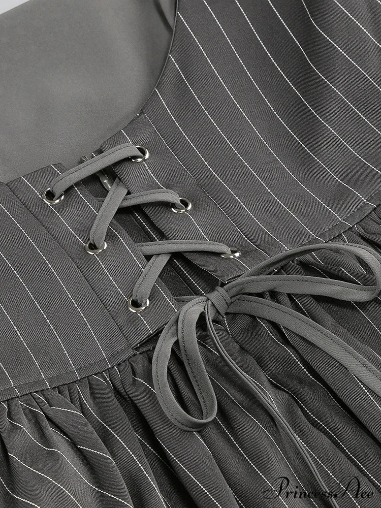 Long Puff Stripe Charming Sleeve Mini Dress Lace-Up