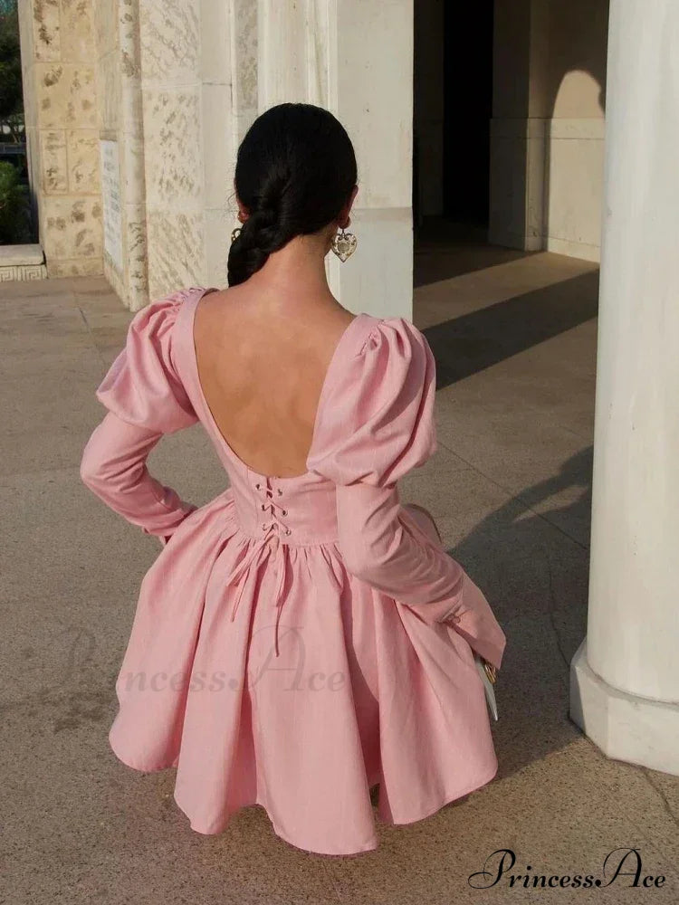 Long Puff Stripe Charming Sleeve Mini Dress Lace-Up