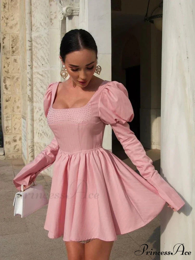 Long Puff Stripe Charming Sleeve Mini Dress Lace-Up