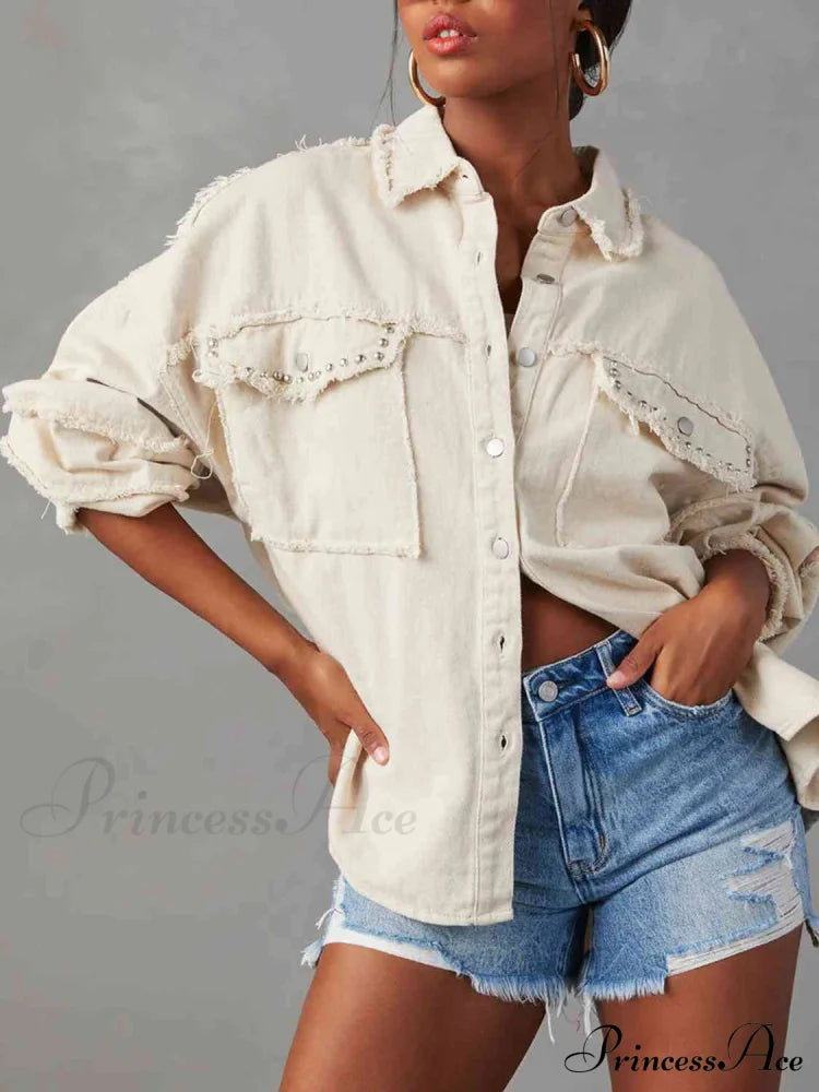 Long Raw Down Arm Denim Top Hem Button Jacket