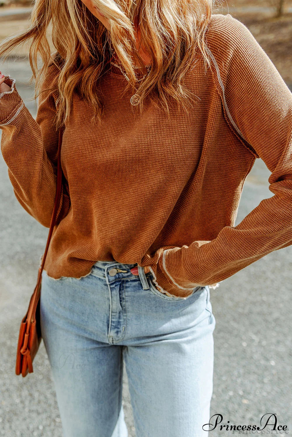 Long Round Arm Neck Brown Textured Top Tops