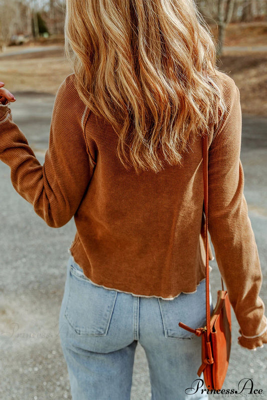 Long Round Arm Neck Brown Textured Top Tops