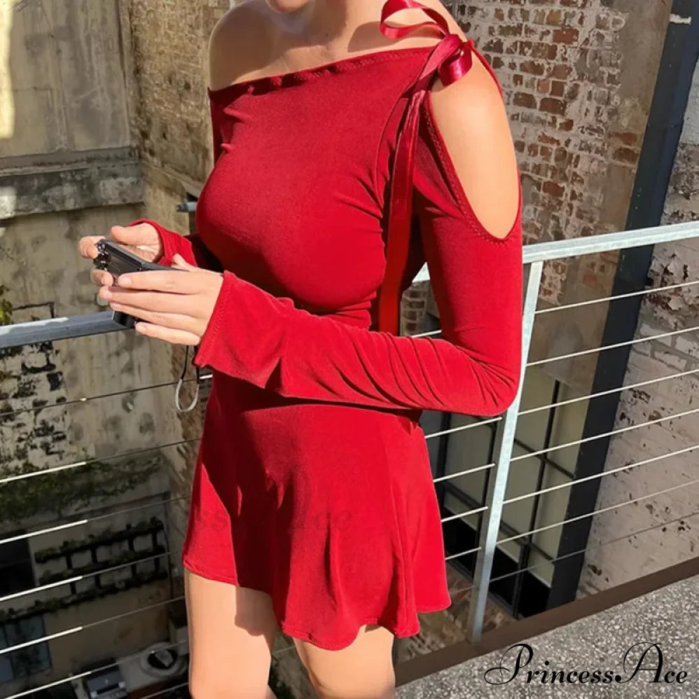 Long Shoulder Tie Up Graceful Hollow Out Mini Dress Solid