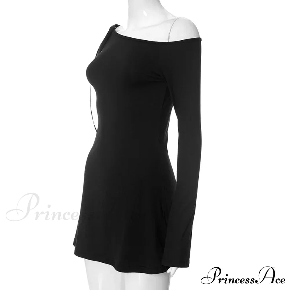 Long Shoulder Tie Up Graceful Hollow Out Mini Dress Solid