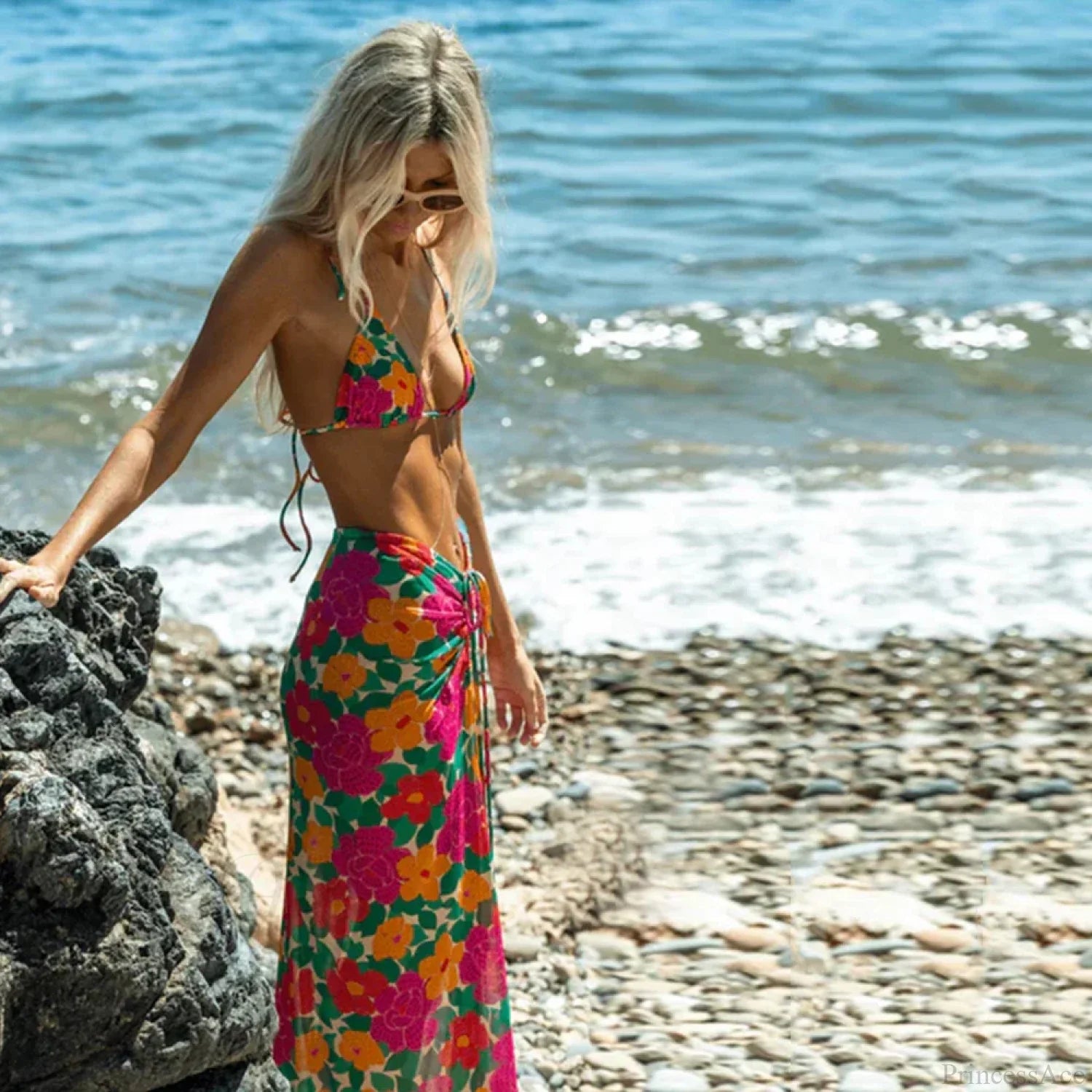 Long Skirt Print Three Piece Swimsuit Pink / S