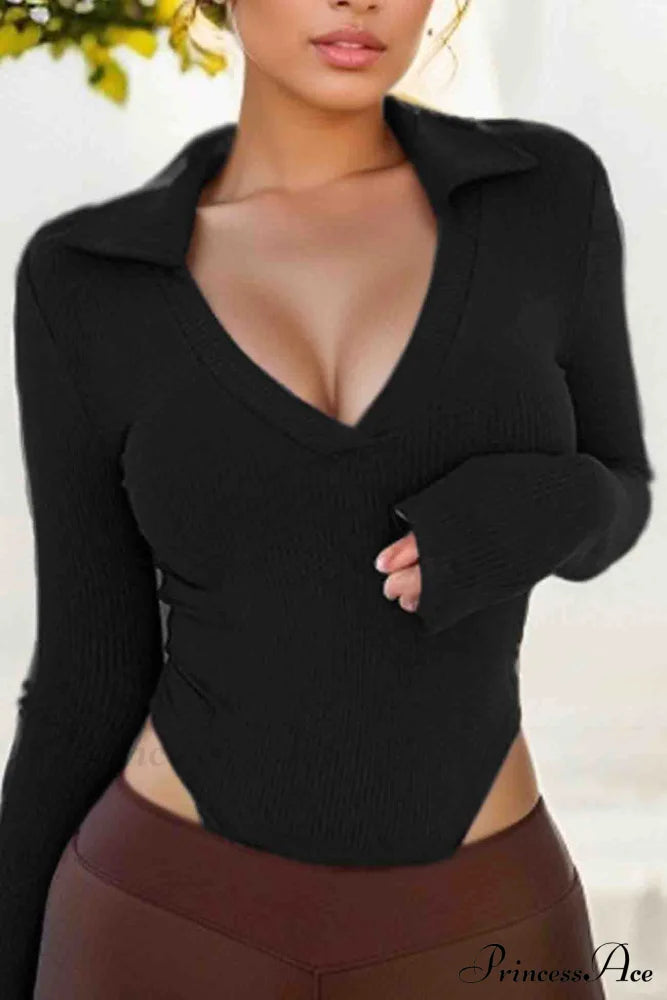 Long Sleeve Bodycon Rompers With Polo Neck Black / M