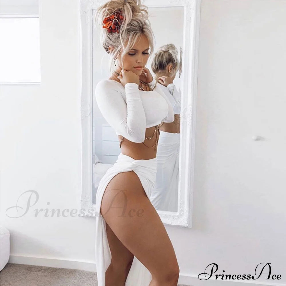 Long Sleeve Crop Top Modern & Sweater Dress Set L / White Matching Sets