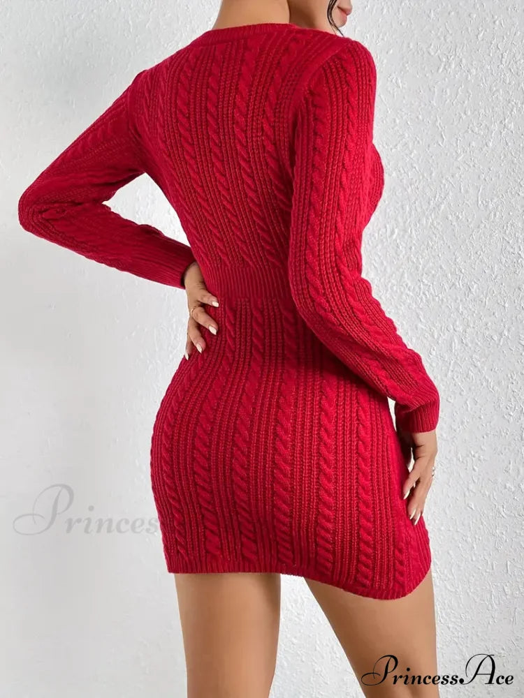 Long Sleeve Cut Out Sweater Knit Bodycon Dress S / Blue Bodycon Sweater Dress