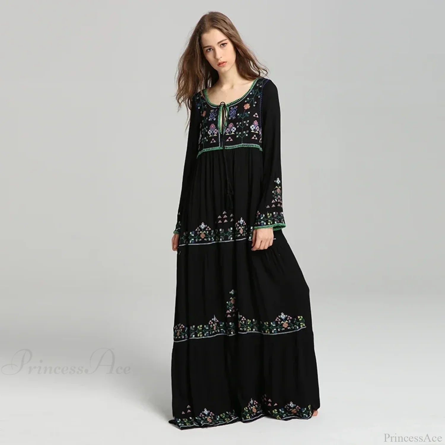 Long Sleeve Ethnic Tunic Maxi Dress Black / S bohodress-250126