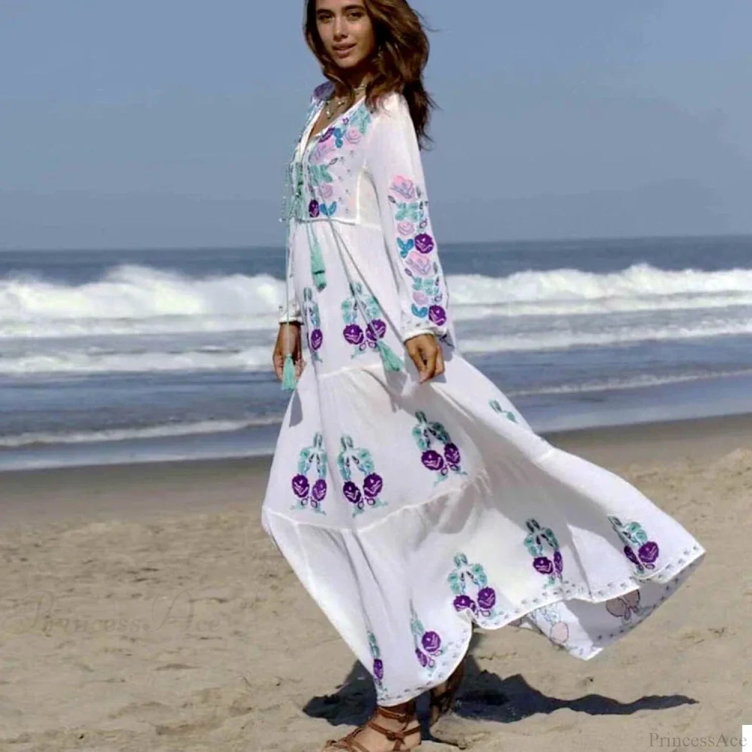 Long Sleeve Ethnic Tunic Maxi Dress bohodress-250126