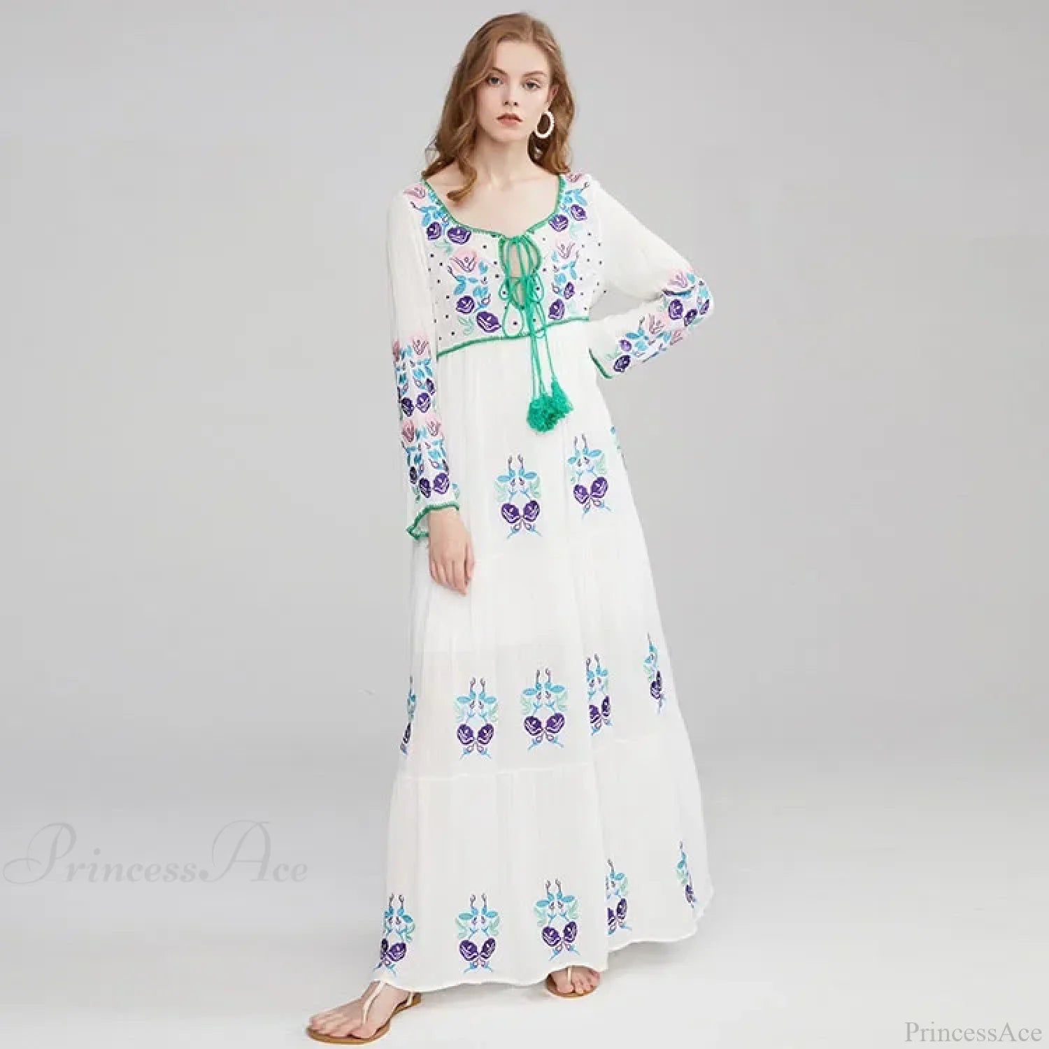 Long Sleeve Ethnic Tunic Maxi Dress bohodress-250126