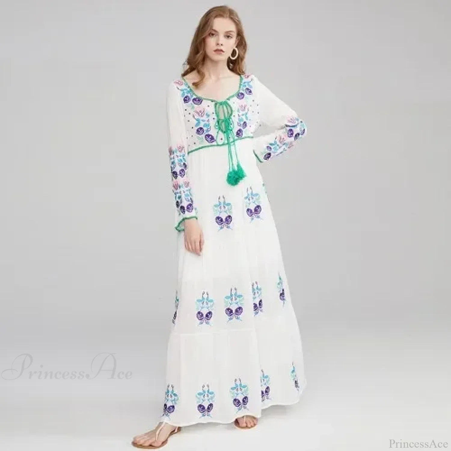 Long Sleeve Ethnic Tunic Maxi Dress WHITE / S bohodress-250126
