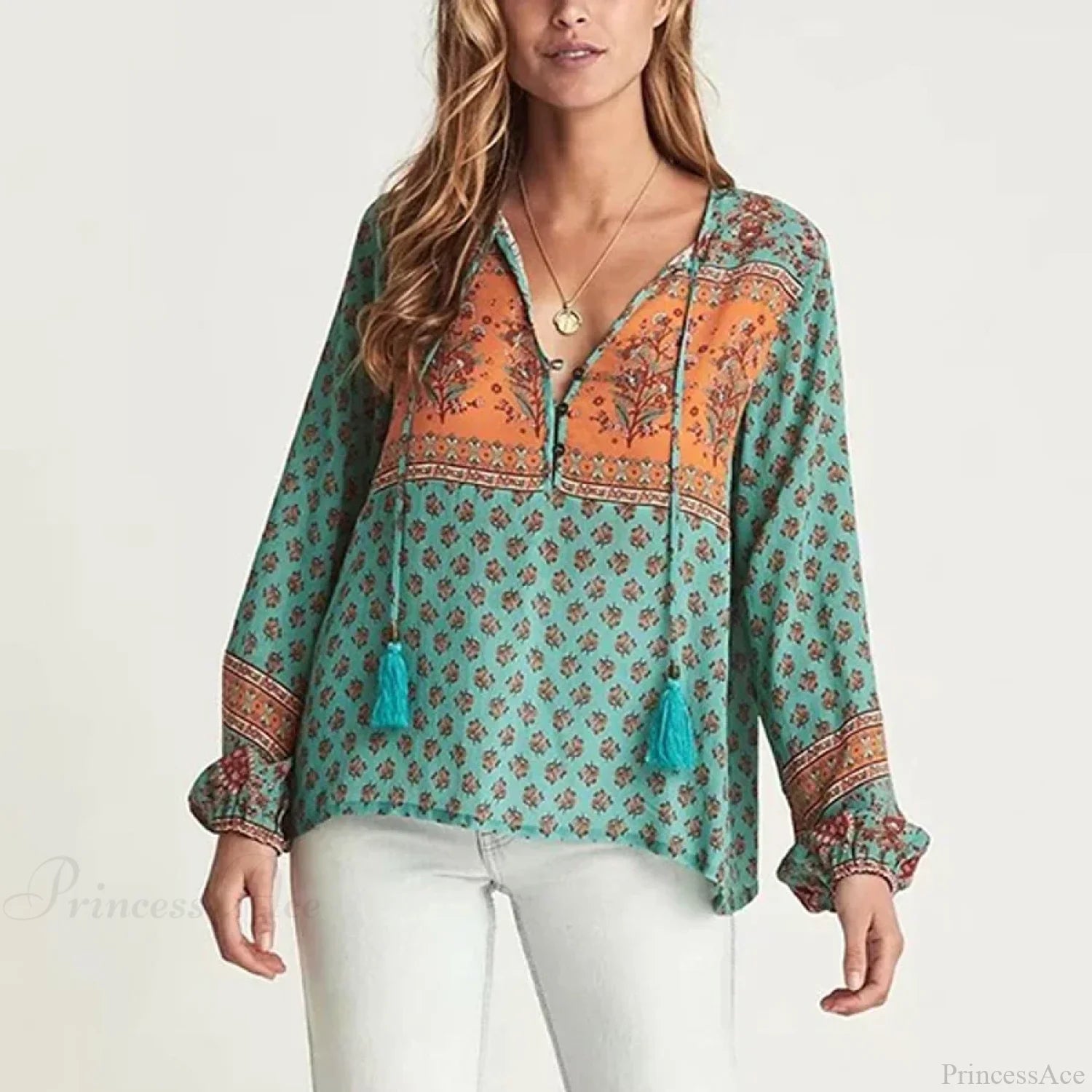 Long Sleeve Floral Print V-Neck Tassel Boho Blouse green blouse / S bohoblouse-250126