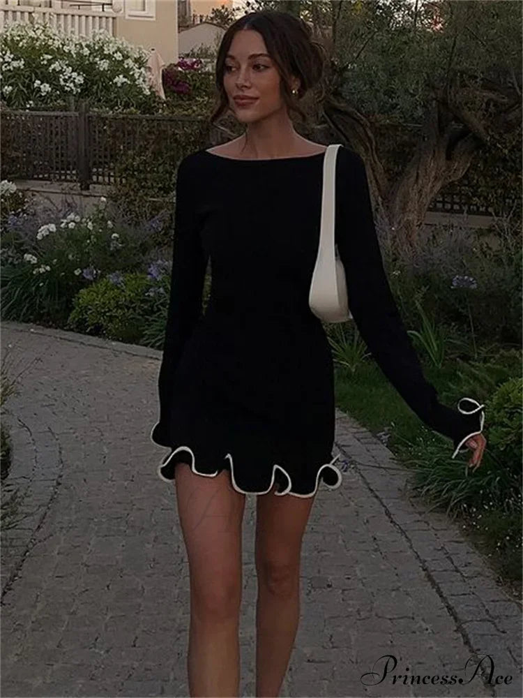 Long Sleeve Knit Charming Ruffled Trim Mini Dress