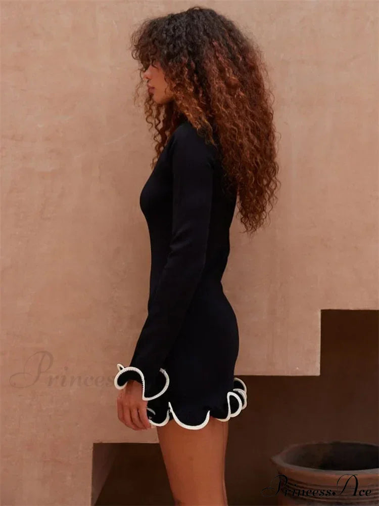 Long Sleeve Knit Charming Ruffled Trim Mini Dress
