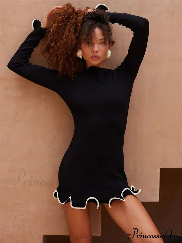 Long Sleeve Knit Charming Ruffled Trim Mini Dress