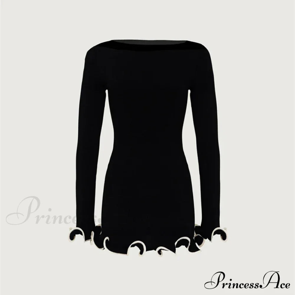 Long Sleeve Knit Charming Ruffled Trim Mini Dress White / L