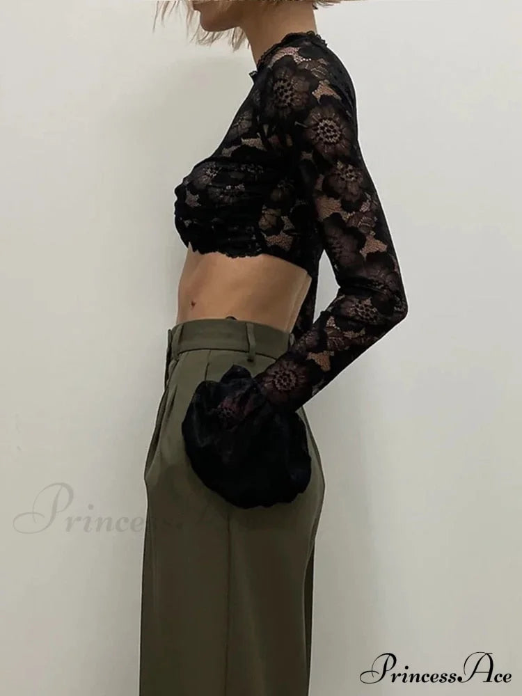 Long Sleeve Lace Charming Mesh Crop Top