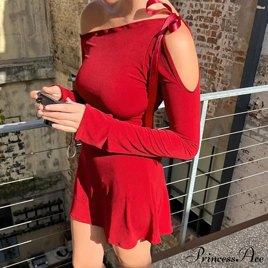 Long Sleeve One Shoulder Graceful Ribbon Tie-Up Mini Dress