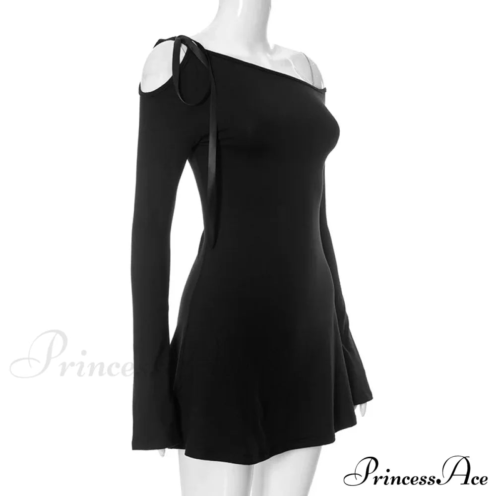 Long Sleeve One Shoulder Graceful Ribbon Tie-Up Mini Dress
