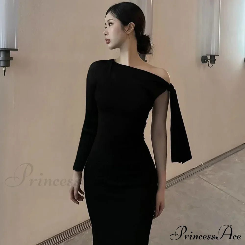Long Sleeve One Shoulder Graceful Tie Up Bodycon Maxi Dress Fishtail