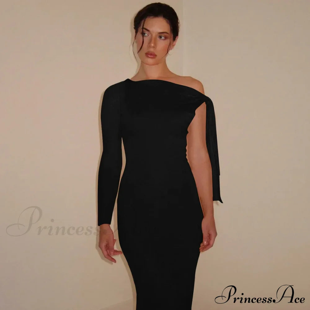 Long Sleeve One Shoulder Graceful Tie Up Bodycon Maxi Dress Fishtail