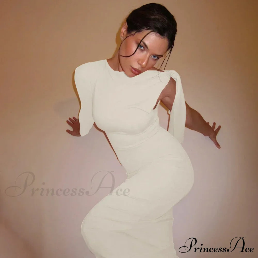 Long Sleeve One Shoulder Graceful Tie Up Bodycon Maxi Dress Fishtail