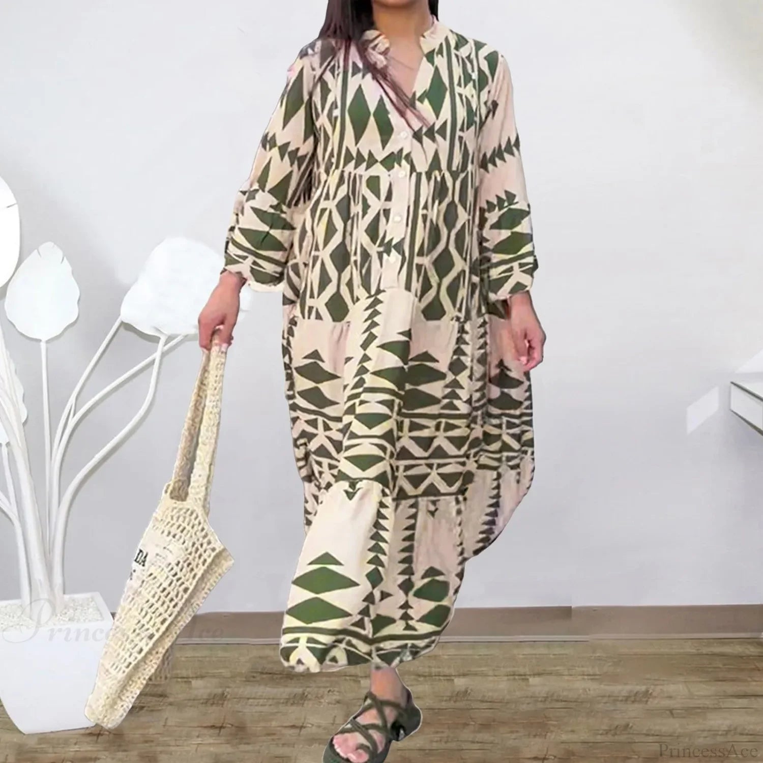 Long Sleeve Pleated Boho Dress Green / S bohodress-250126