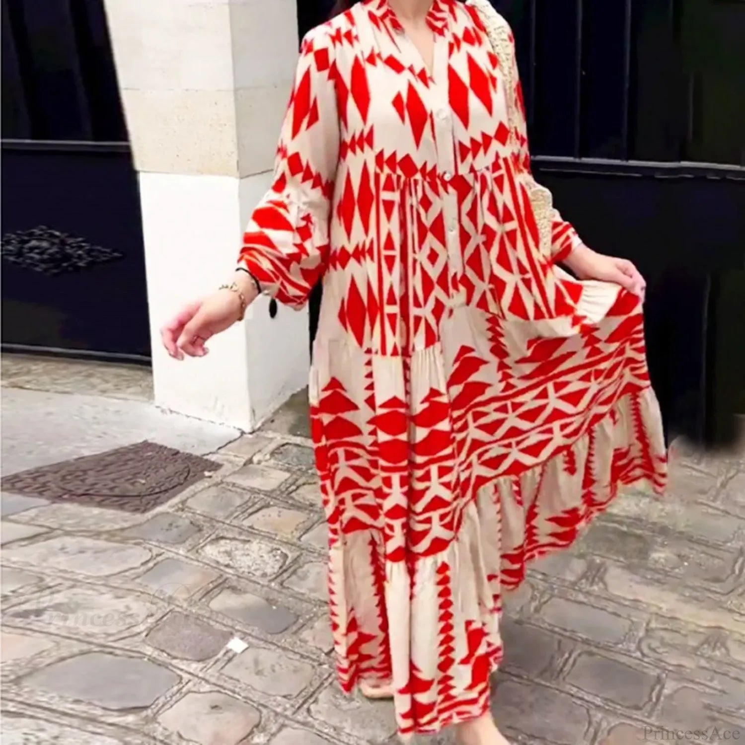 Long Sleeve Pleated Boho Dress Red / S bohodress-250126