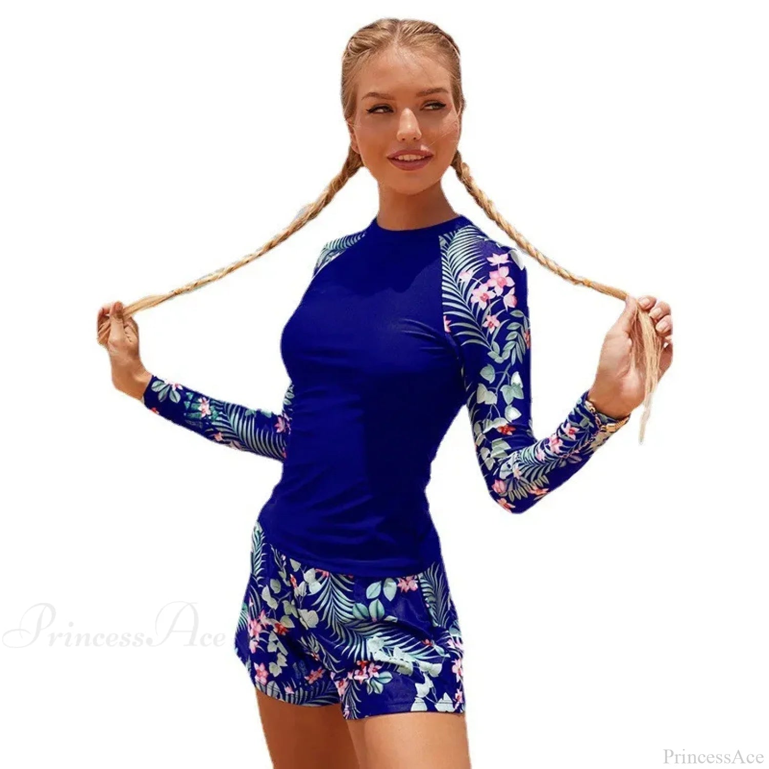 Long Sleeve Print Diving Suit Two Piece Set Royal Blue / S