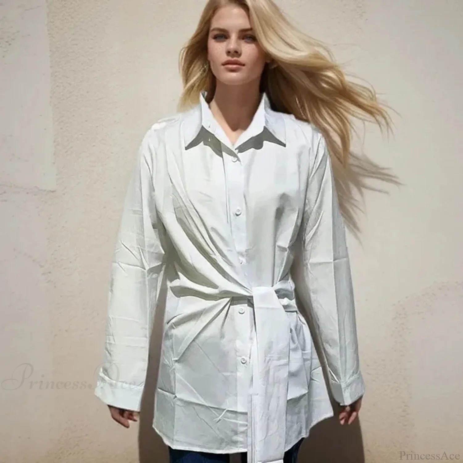Long Sleeve Ruched Lace-up White Blouse blouse-250126