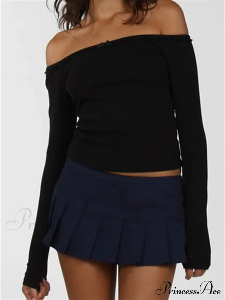 Long Sleeve Slash Neck Bow Patchwork T-Shirts