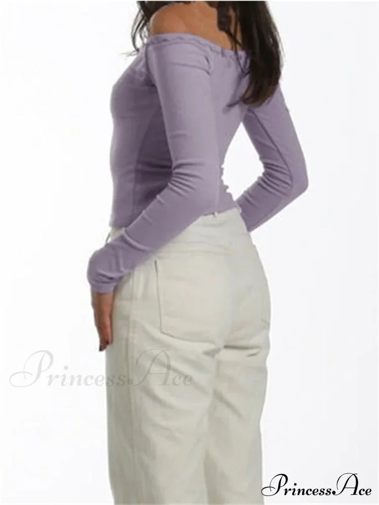 Long Sleeve Slash Neck Bow Patchwork T-Shirts