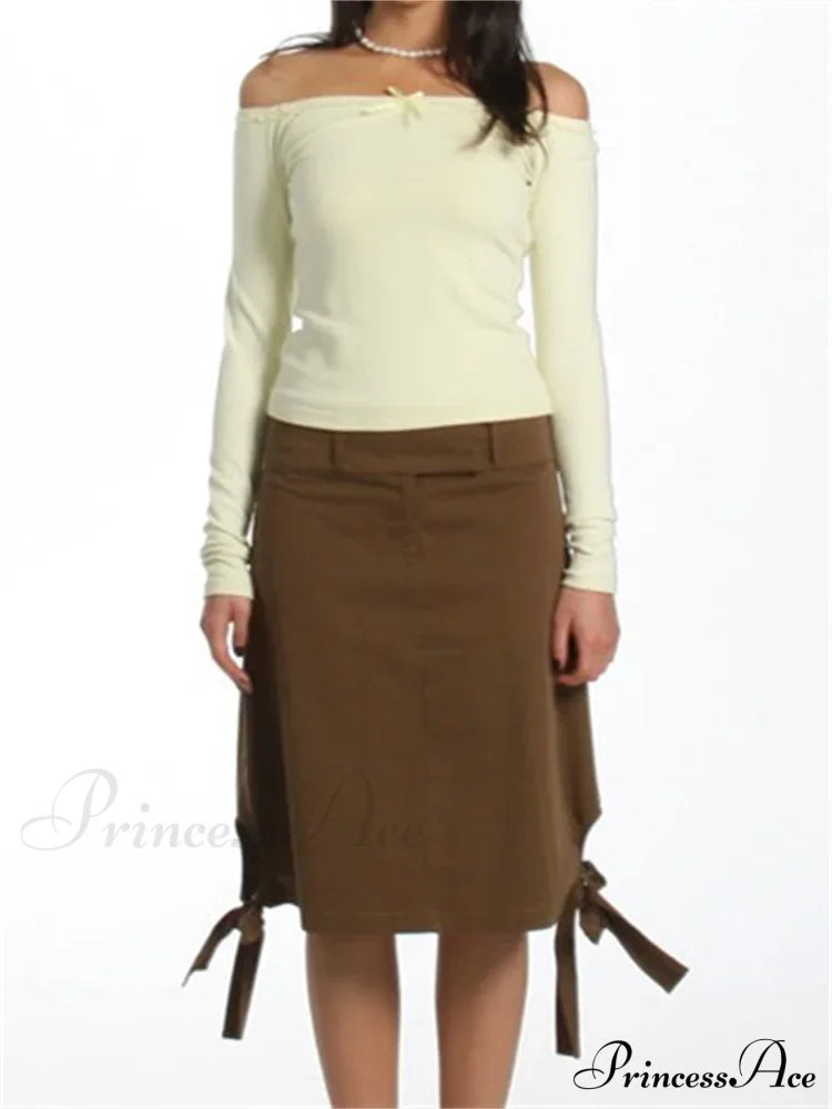 Long Sleeve Slash Neck Bow Patchwork T-Shirts White / S