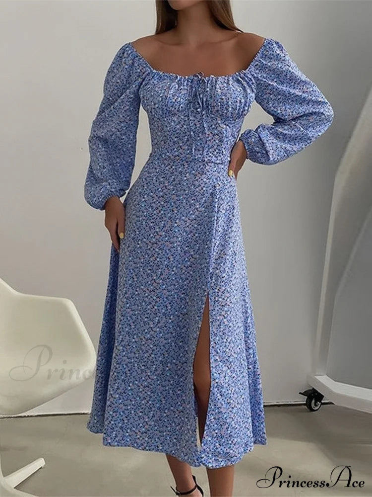 Long Sleeve Square Collar Floral Dress S / Blue Long Sleeve Floral Maxi Dress
