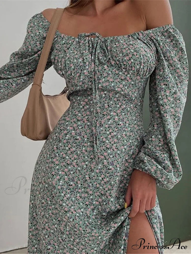 Long Sleeve Square Collar Floral Dress S / Green Long Sleeve Floral Maxi Dress