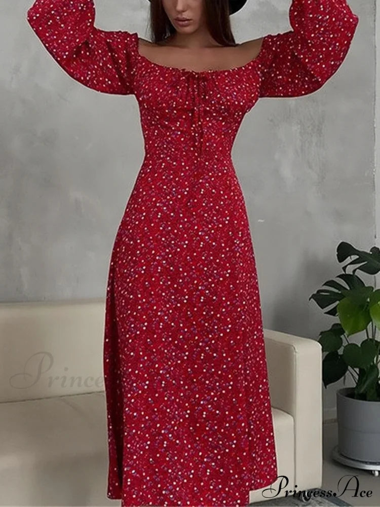 Long Sleeve Square Collar Floral Dress S / Red Long Sleeve Floral Maxi Dress