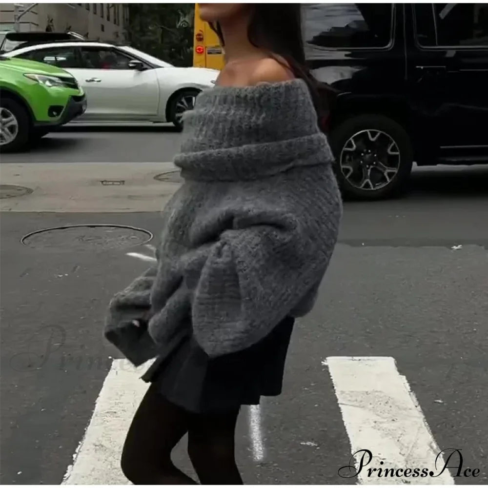 Long Sleeve Stylish Off Shoulder Sweater Sweaters-L
