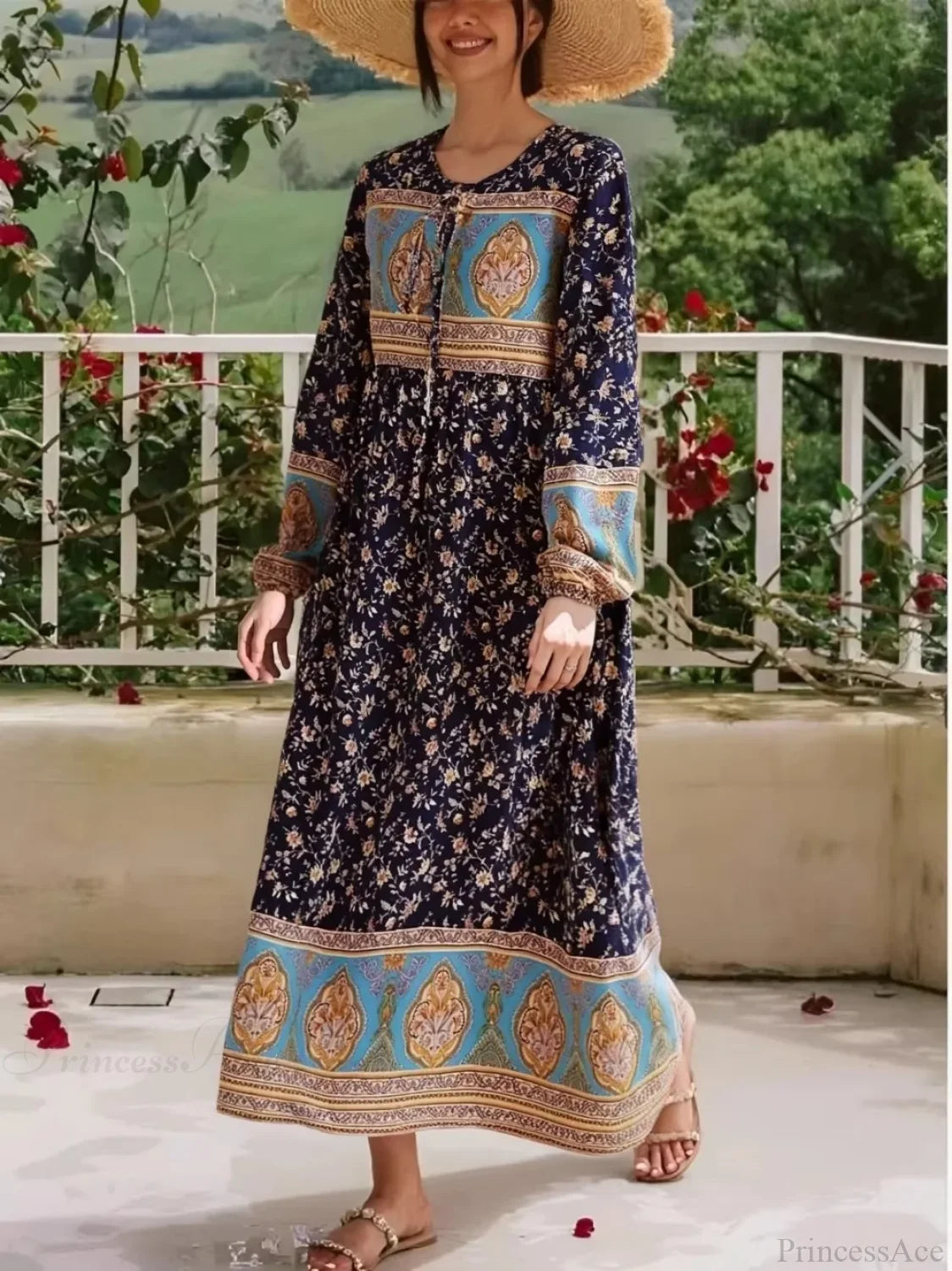 Long Sleeve Tie Neck Ethnic Floral Print Loose Kaftan Maxi Boho Dress Yellow / S bohodress-250126