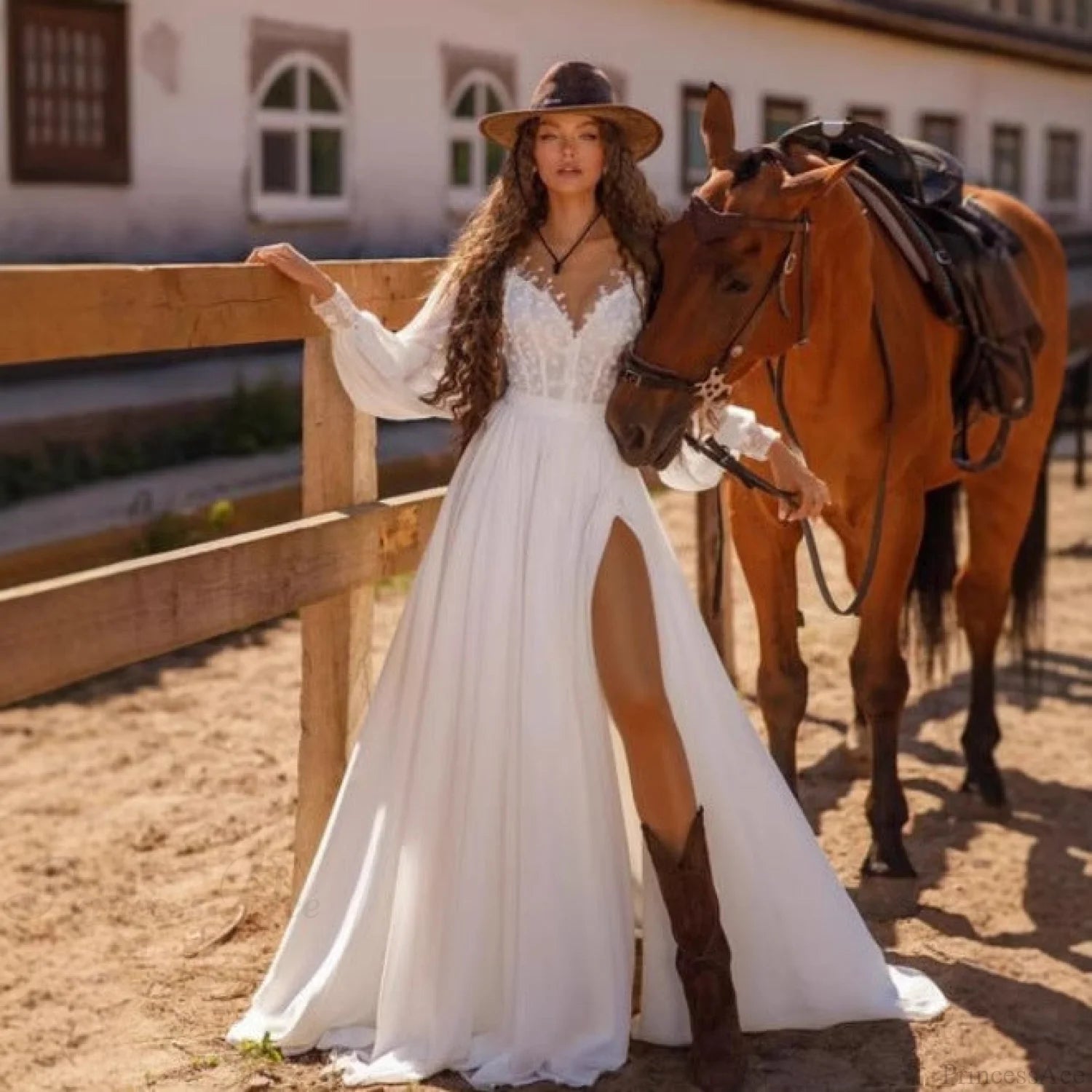 Long Sleeve V-Neck Lace Wedding Dress weddingdress-250223