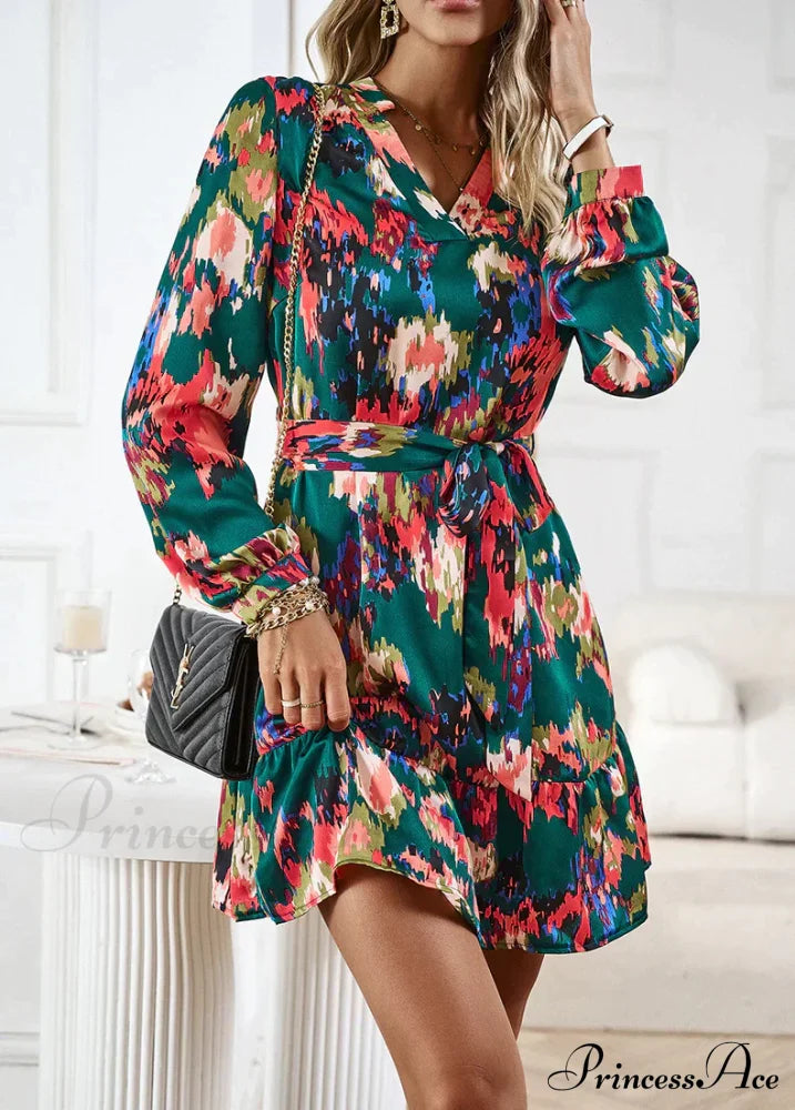 Long-Sleeved Shirt Dress With Print M / Blue