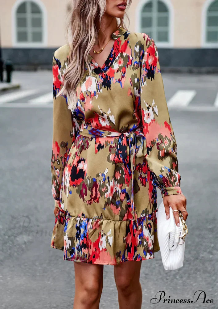 Long-Sleeved Shirt Dress With Print M / Dark Green