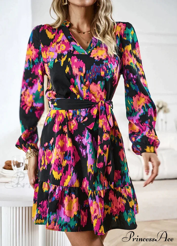 Long-Sleeved Shirt Dress With Print S / Black