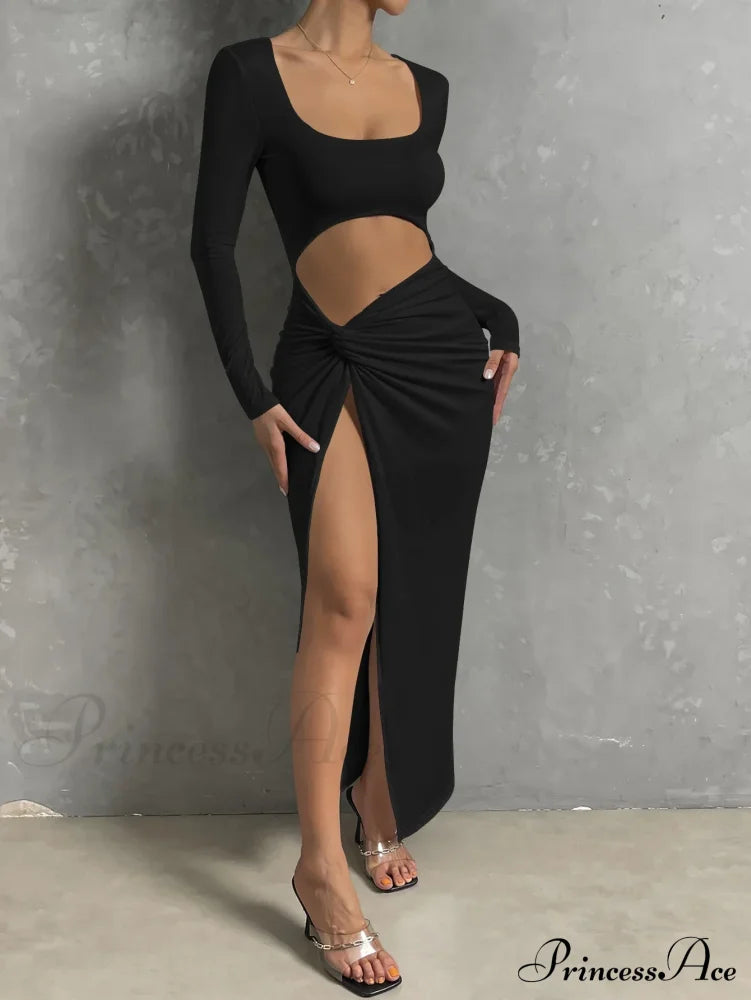 Long-Sleeved Square Neck Long High Split Nightclub Wear Hollow Out Cut Dress