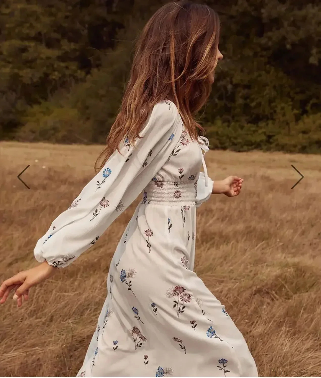 Long-sleeved Stretch Waist Split White Boho Dress bohodress-250126