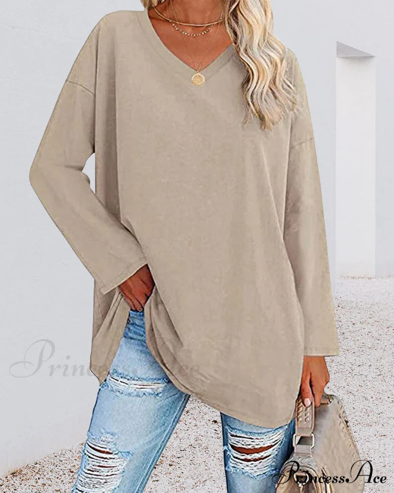 Plain v-neck long-sleeved women's t-shirt Beige 2022 F/W 23BF clothes Short Sleeve Tops Spring T-shirts Tops/Blouses
