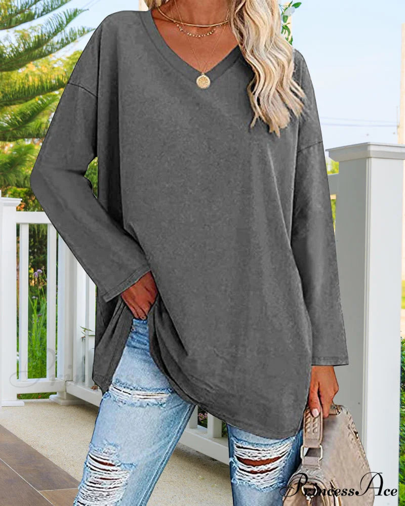 Plain v-neck long-sleeved women's t-shirt Dark gray 2022 F/W 23BF clothes Short Sleeve Tops Spring T-shirts Tops/Blouses