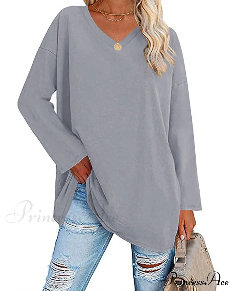 Plain v-neck long-sleeved women's t-shirt Light grey 2022 F/W 23BF clothes Short Sleeve Tops Spring T-shirts Tops/Blouses