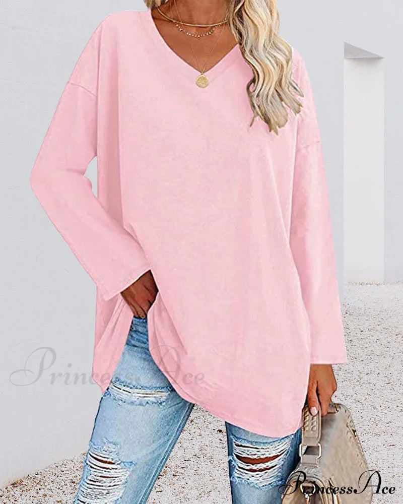 Plain v-neck long-sleeved women's t-shirt Pink 2022 F/W 23BF clothes Short Sleeve Tops Spring T-shirts Tops/Blouses
